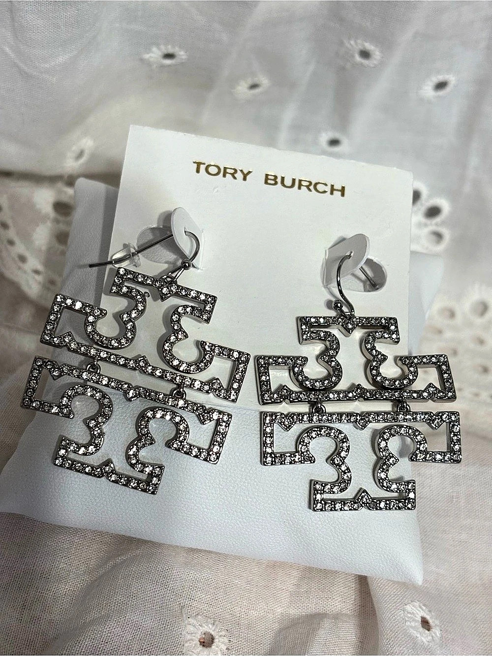 Tory Burch Britten Crystal Logo Drop Earrings Rhinestone Logo Earrings